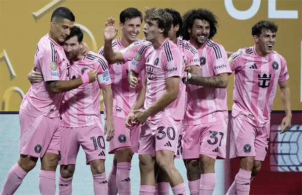 Lionel Messi and Luis Suarez celebrate a goal for Inter Miami.
